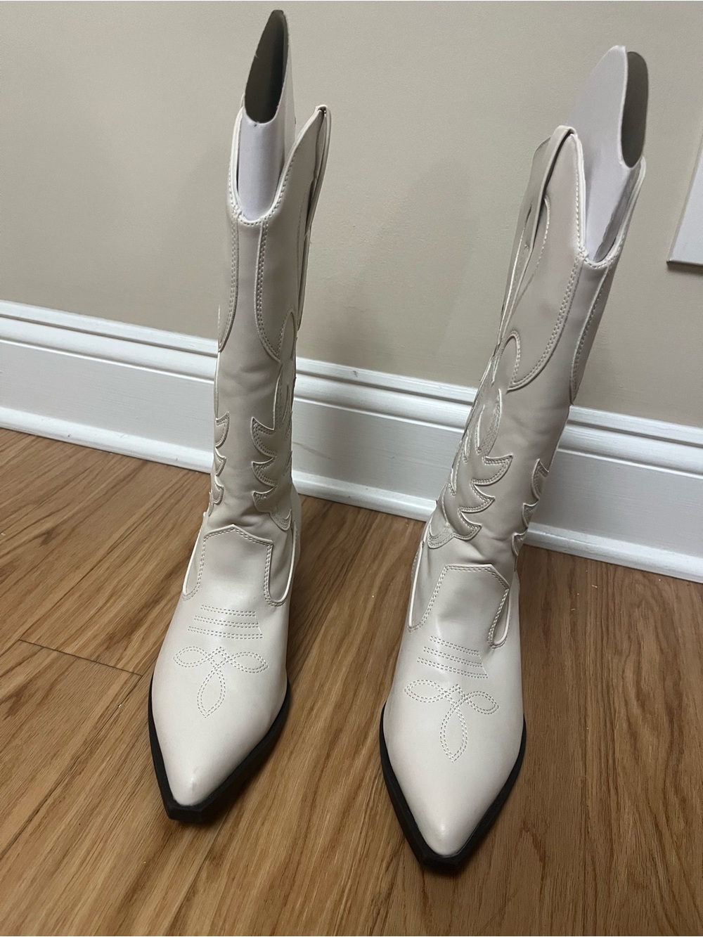 Cream Over-the-Knee Western Boots with Pointed Toe